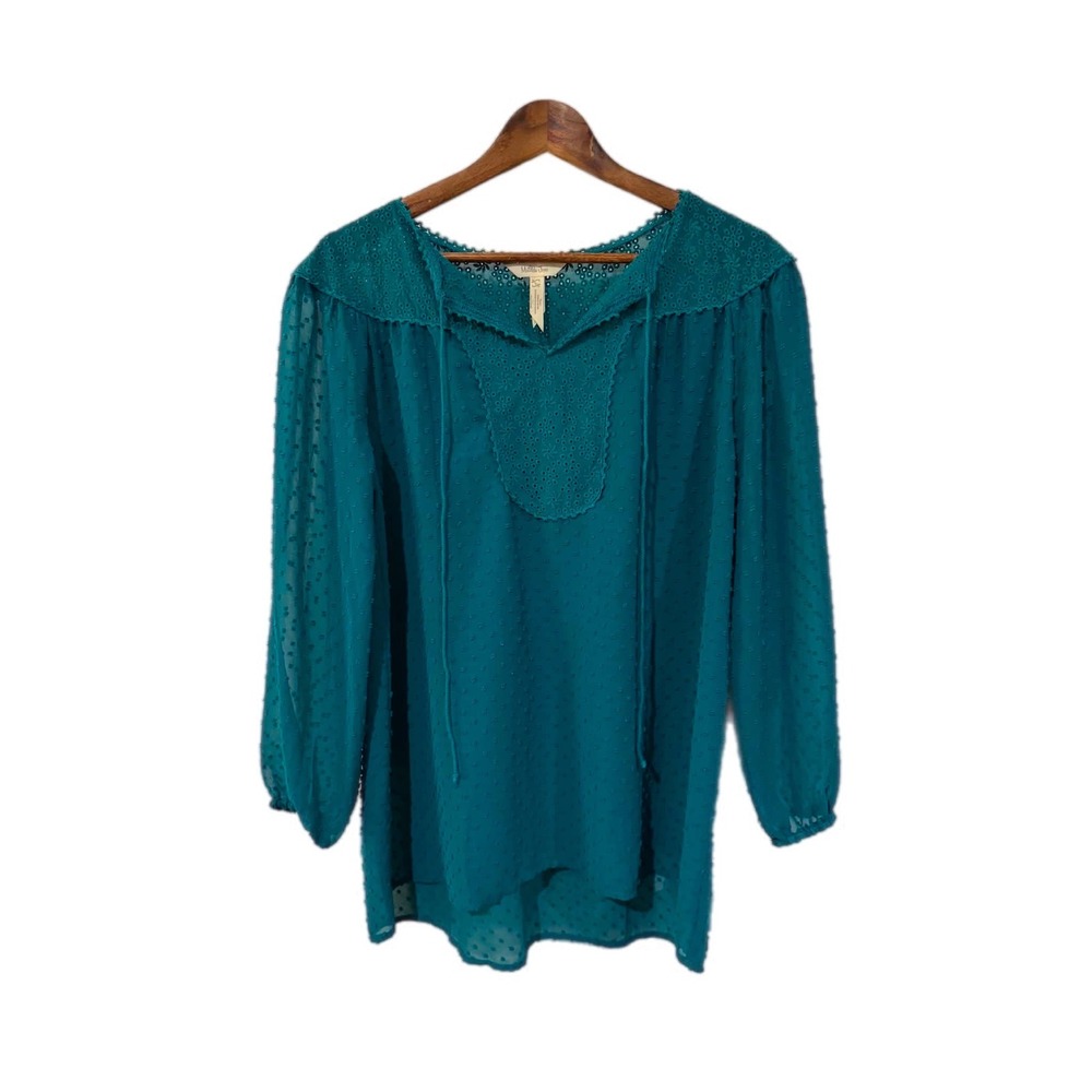Matilda Jane Blouse Womens S Teal Green Excellent Swiss Dot Eyelet Lace Peasant